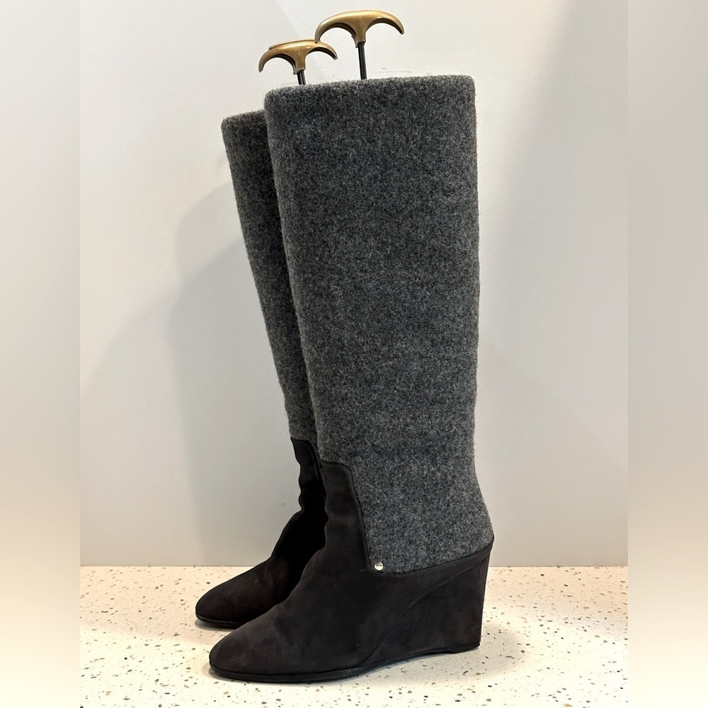 Designer Christian Dior CD‎ Gray Suede & Wool Tall Knee High Wedge Boots - Picture 4 of 16